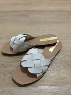 Kaanas White Woven Slide Sandals with Tan Footbed